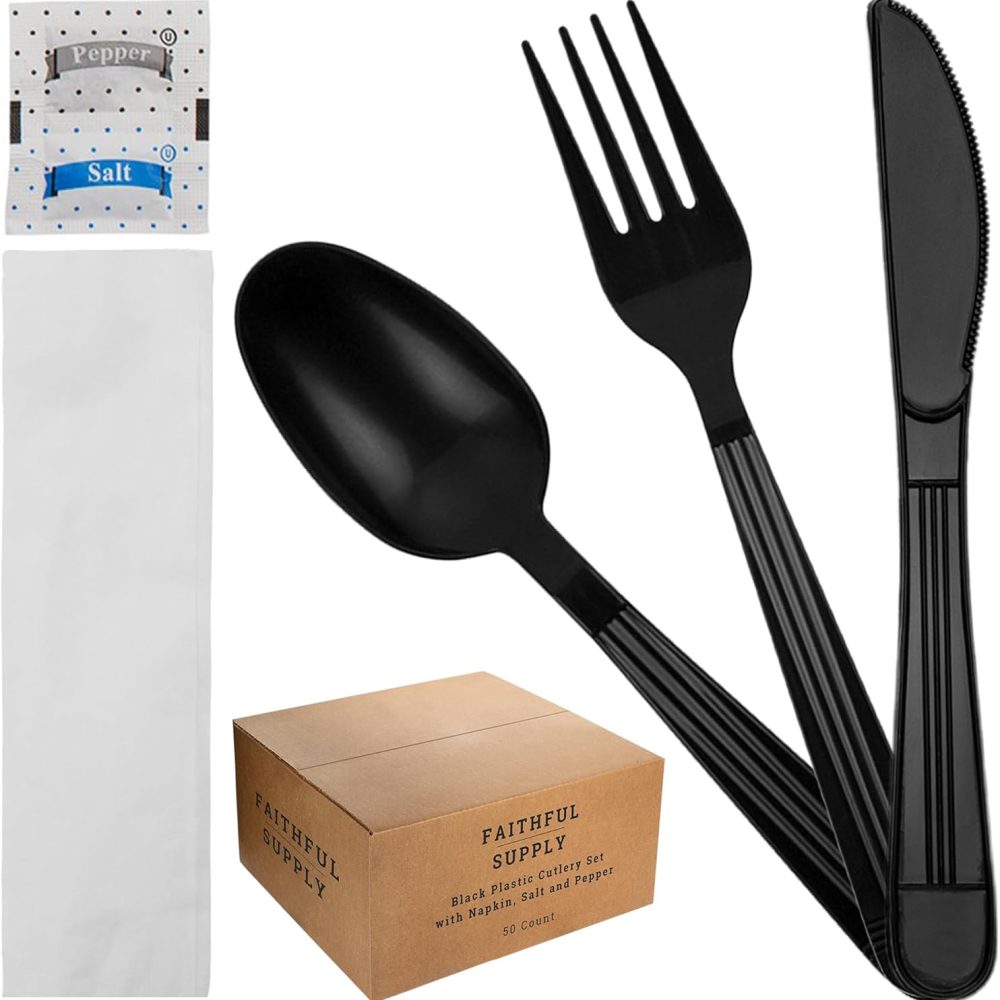 50 ct Black Plastic Silverware Individually Wrapped, Packaged Plastic Utensils Set Wrapped, Prewrapped Cutlery Set Disposable with Napkin, To Go Utensils, Perfect for Parties and Lunch