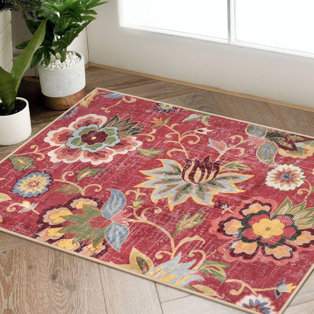 Beeiva Floral Kitchen Rugs Non Slip Washable, 2x3 Red Ultra Thin Small Door Rugs for Entryway Indoor, Vintage Non-Shedding Front Door Mat Indoor Entrance Throw Carpet for Kitchen Bathroom
