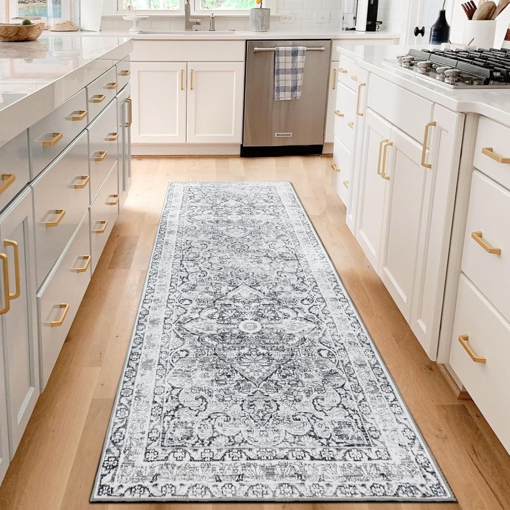 Washable Rug Runner, 2x6 Kitchen Runner Rug for Hallways, Non-Slip Thickened Carpet for Kitchen Entryway Laundry Bedroom Living Room Indoor (2'×6', Light Gray)