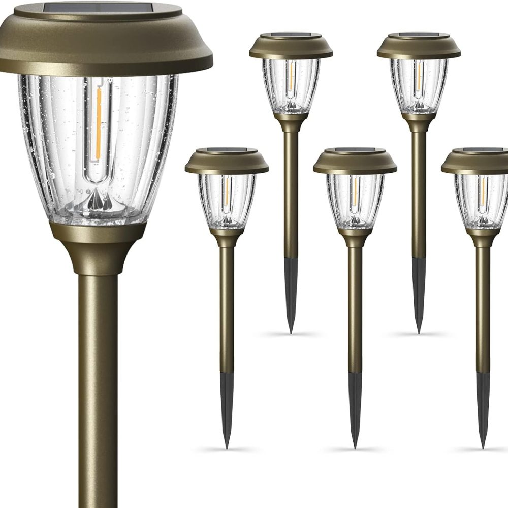 XMCOSY+ Solar Lights Outdoor 10/25 LM LED with 2 Lighting Modes, Solar Garden Lights Glass and Metal, IP65 Waterproof Solar Powered for Yard Pathway Walkway Driveway Patio (6 Pack, Warm White)